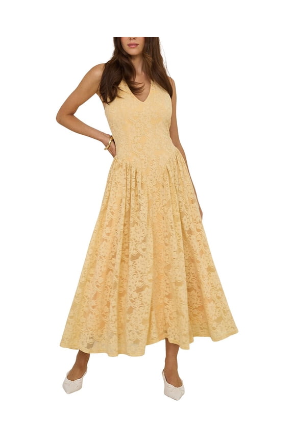 womens Lace Halterneck Midi Dress, 14, Yellow