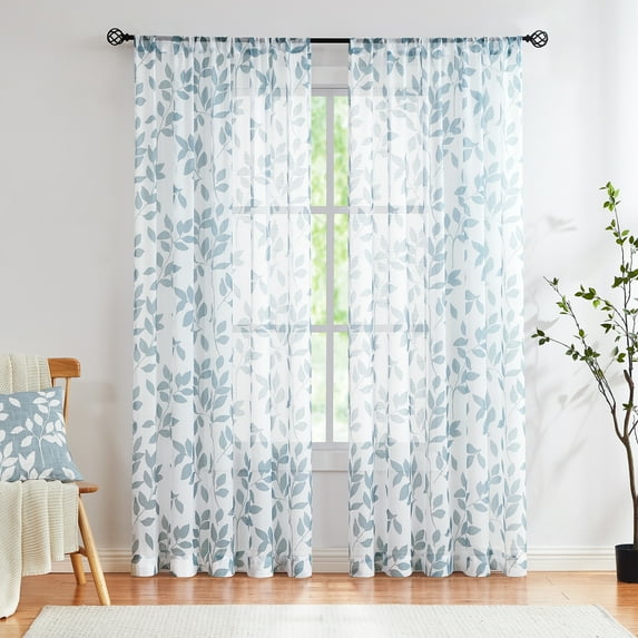Exultantex 2 Panels Sheer Curtains Leaves Patterned Light Filtering Drapes for Living Room, 50"W x 95"L,Rod Pocket,White Blue