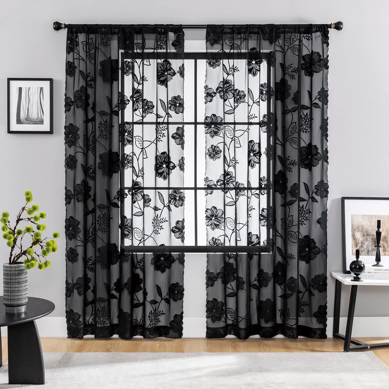 Exultantex Black Lace Sheer Curtains for Bedroom Living Room 63 inch Elegant French Rose Floral Embroidered 54"w Rod Pocket