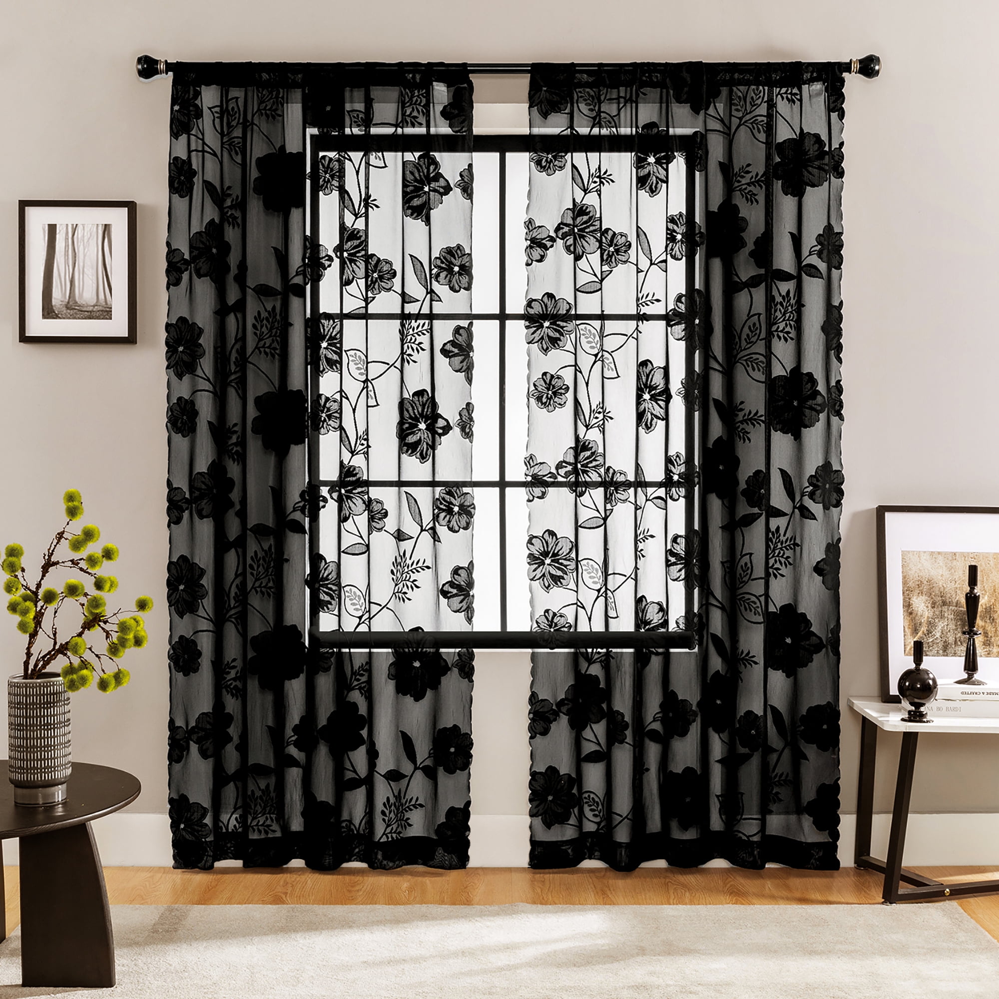 Exultantex Black Sheer Lace Curtains for Living Room Vintage Rose Floral  Embroidered Semi Sheer Window Panels Leaf Sheer Drapes with Scalloped