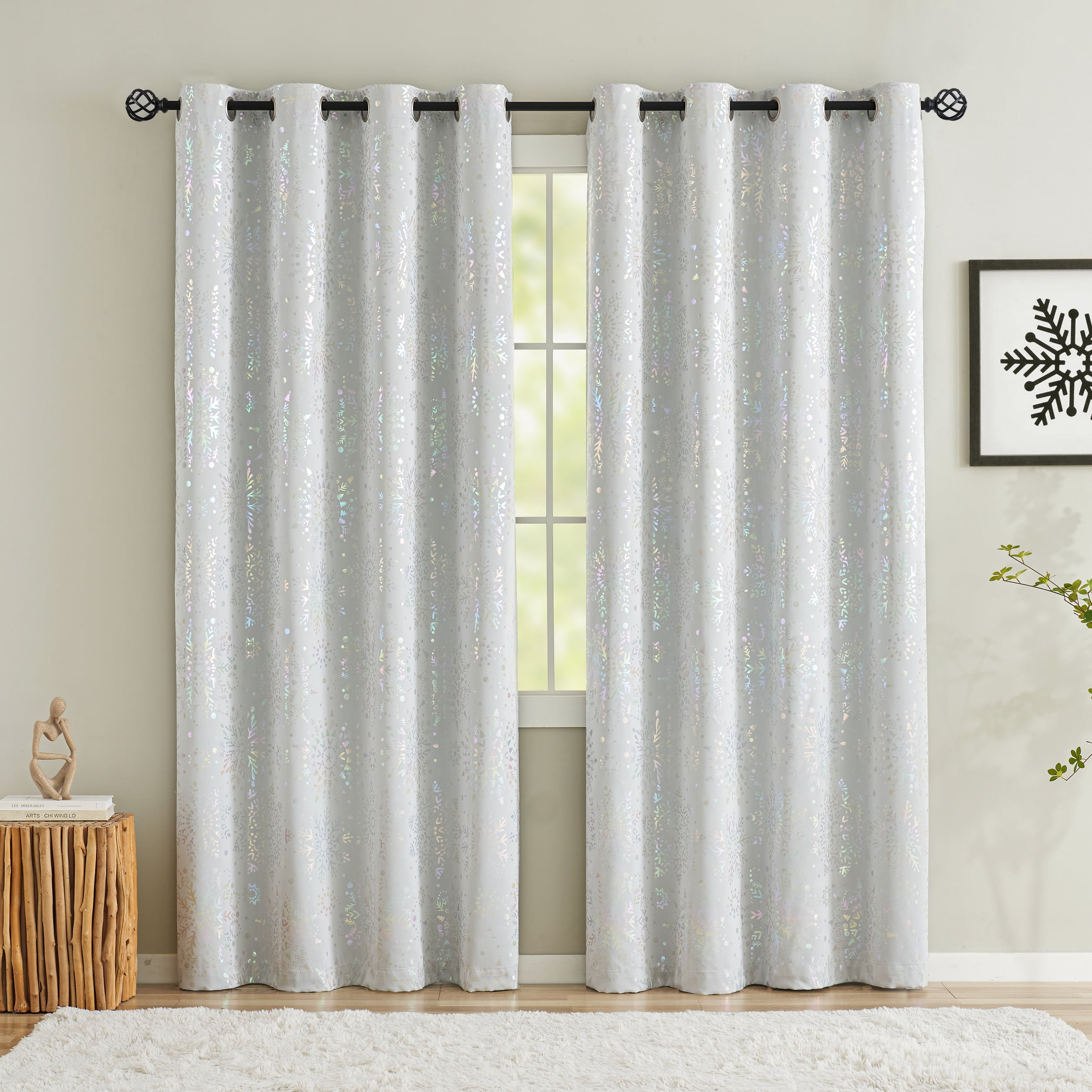 Exultantex Black out Kids Curtains Snow Printed Curtain Drapes Grommet Top 2 pcs(White,50x95in)