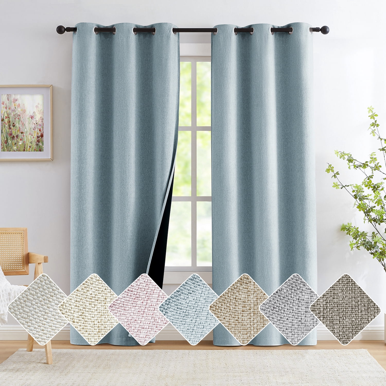 Exultantex Blackout Linen Curtains for Bedroom Light Blocking Energy Efficient Curtain Panels Grommet Top 40"W x 63"L,Set of 2,Blue