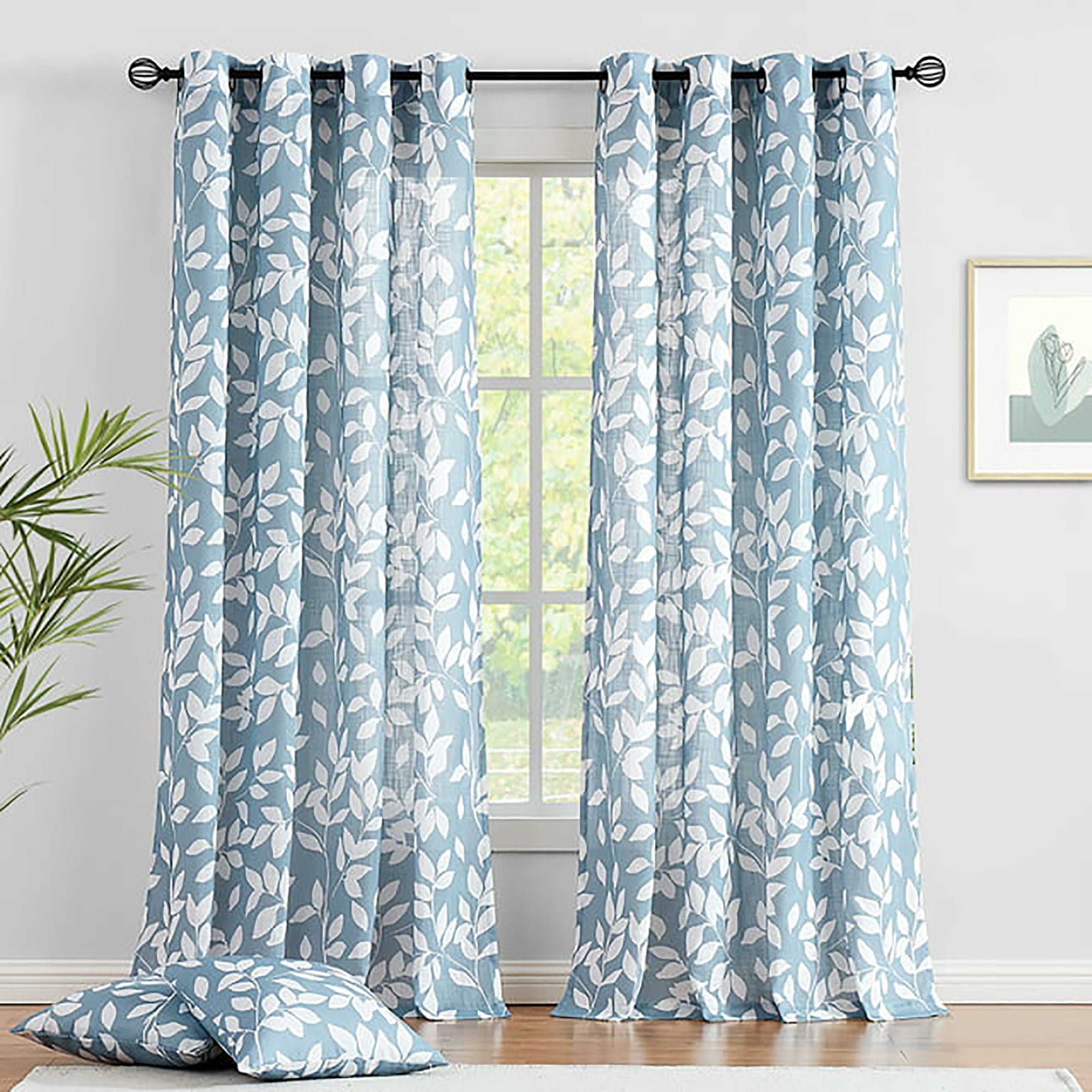 Exultantex Blue and White Semi Sheer Curtains for Kitchen Leaves Print Panels, 55"W x 63"L, Grommet Top, 2 Panels