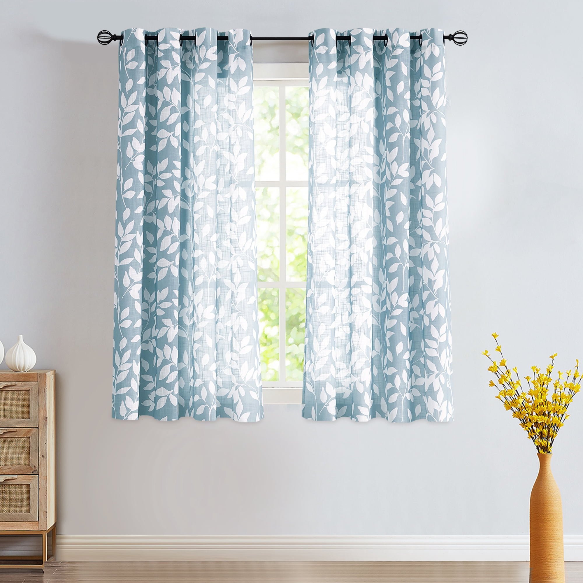 "Exultantex Semi-Sheer Kitchen Curtains, Blue & White, Leaves Print, 55 ...