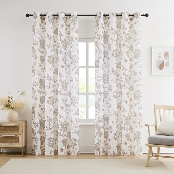 Exultantex European Floral Grommet Curtain 52x84 Inch, Semi-Sheer Terracotta Red