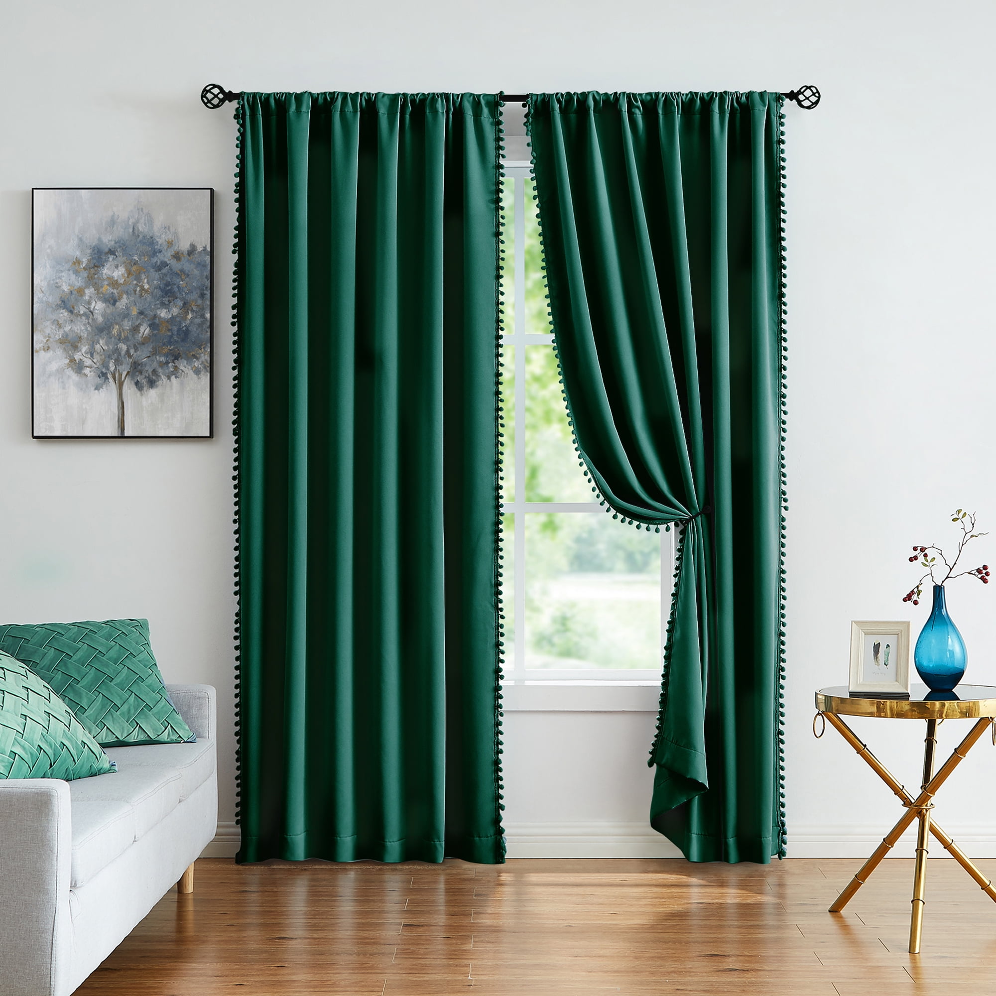 Exultantex Full Black Out Curtains Green Pompom Thermal Insulated Velvet Drapes for Home Décor, 50"W x 63"L, 2 Panels, Rod Pocket