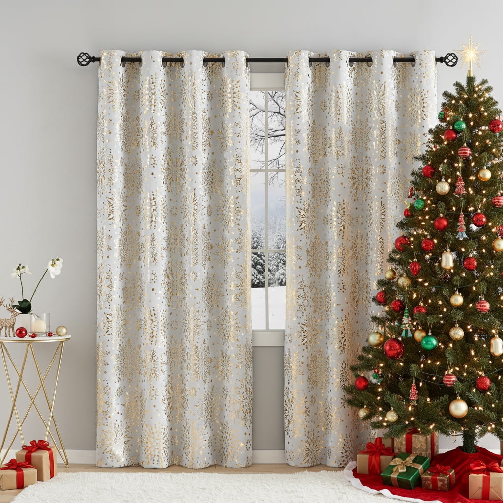 Exultantex Full Blackout Curtain Energy Saving Window Curtains with Foil Medallion Print Curtain Drapes Total Gold White Snowflake Floral,50x95,2PCS