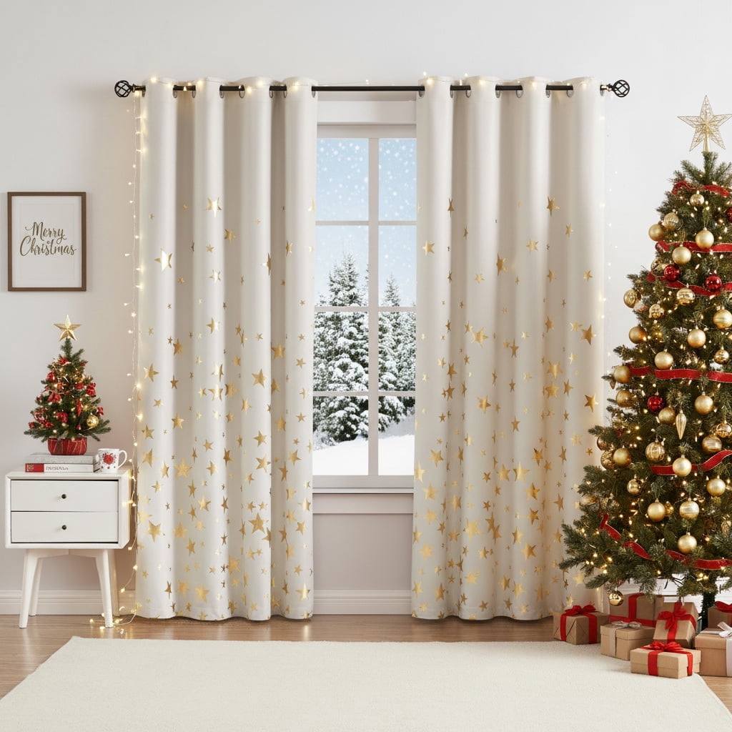 Exultantex Gold Star Kids Blackout Curtain Panels for Boys Girls Thermal Insulated Printed Curtains,Grommets Top,50x63,2 Panels,Ivory