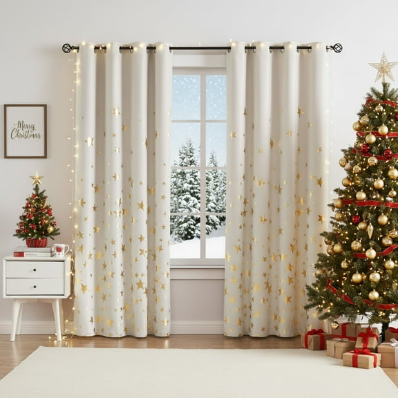 Exultantex Gold Star Kids Blackout Curtain Panels for Boys Girls Thermal Insulated Printed Curtains,Grommets Top,50x63,2 Panels,Ivory