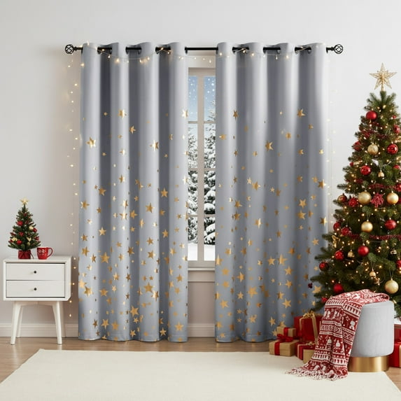 Exultantex Gold Star Kids Energy Efficient Blackout Curtain Panels Metallic Twinkle Star Printed Grey Curtains,Grommets Top,50x95,2 Panels