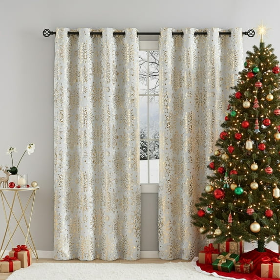 Exultantex Gold White Blackout Curtains for Kids Bedroom Foil Medallion Print Total Shinning Snowflake Drapes 50x63,2pcs