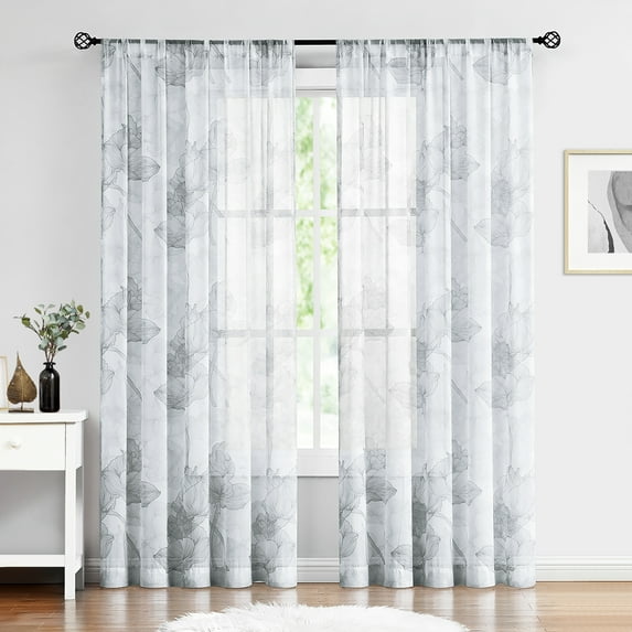 Exultantex Gray Lotus Floral Sheer Curtains for Bedroom,84 inches Long Botanical Print Soft Chiffon Curtain Panels,2 Pack