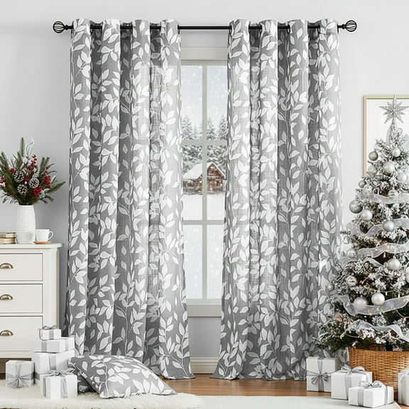 Exultantex Gray Semi Sheer Leaf Window Curtains Panels 84 inches Long for Kitchen Living Room, 55"W x 84"Lx2