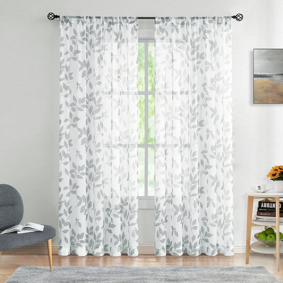 Exultantex Gray and White Leaf Sheer Curtains Botanical Floral Window Drapes for Bedroom Living Room, 50"W x 95"L, 2 Panels, Rod Pocket