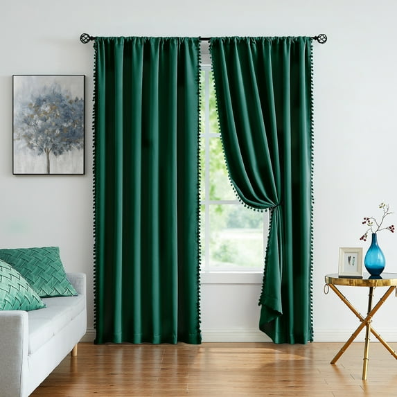 Exultantex Green Blackout Curtains 50 x 95 inch Pompom Energy-Saving Drapes for Bedroom Living Room,2 Panels, Rod Pocket