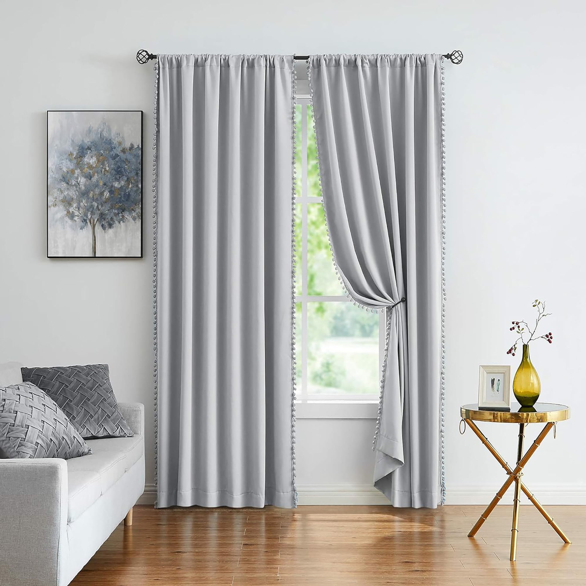 Exultantex Grey Blackout Curtains for Dining Room Thermal Insulated Pompom Velvet Drapes, 50"W x 54"L, 2 Panels, Rod Pocket