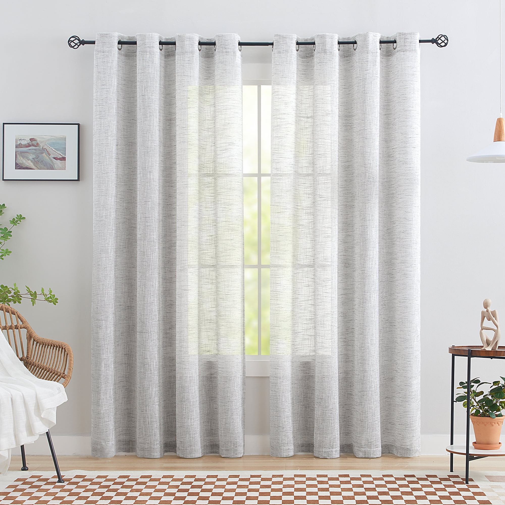 Exultantex Grey Semi Sheer Linen Curtains Privacy Rustic Drapes Panels, 52"W x 95"L, 2 Pcs, Grommet Top