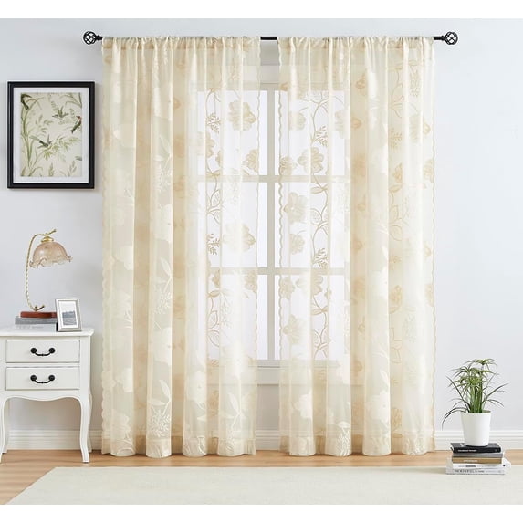 Exultantex Ivory Lace Curtains Rose Floral Sheer Curtains for Living Room Vintage Leaf Knitted Lace Sheer Curtain Panel Set of 2,Rod Pocket