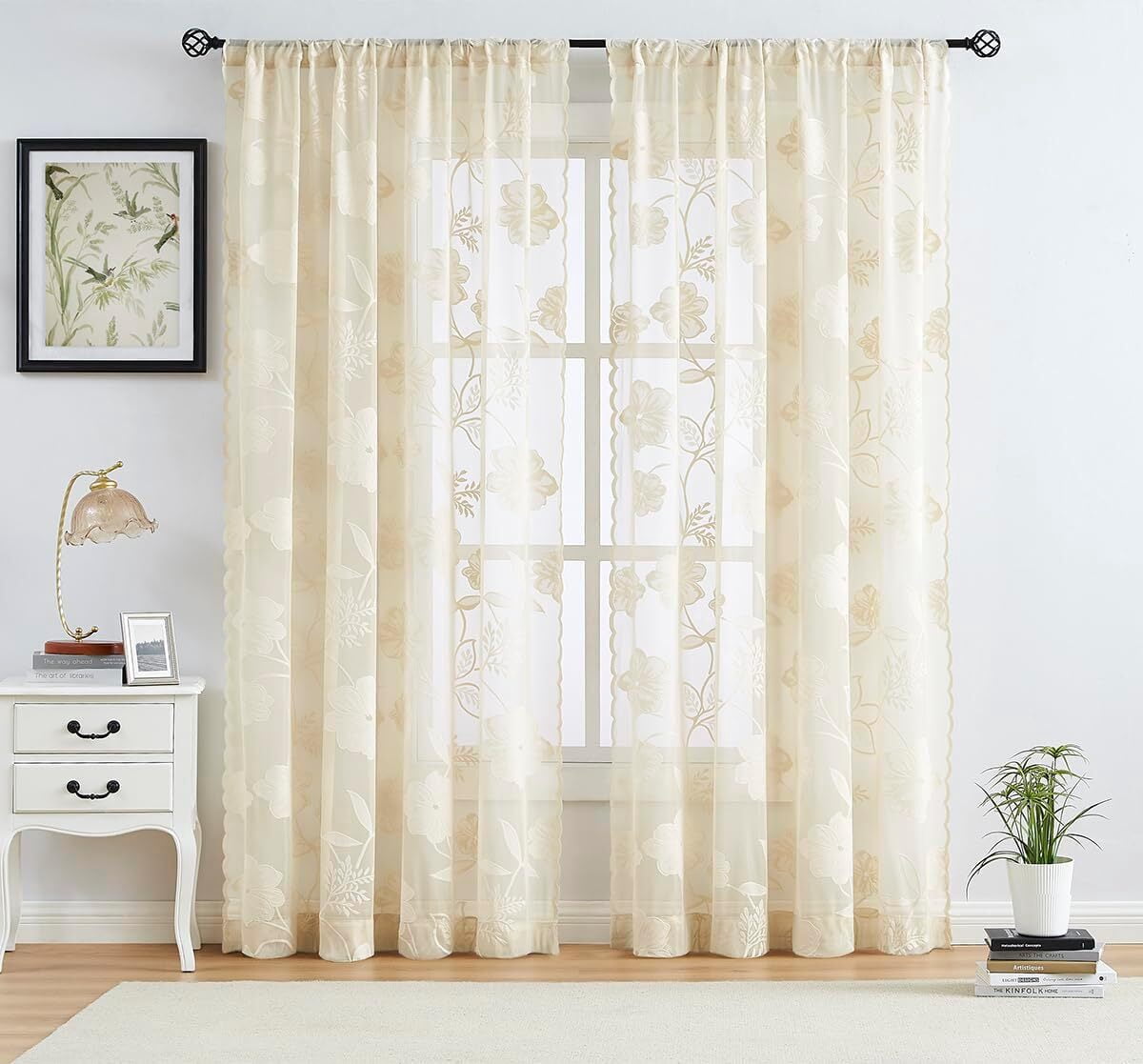 Exultantex Lace Curtains for Living Room 90" Vintage Rose Floral Embroidered Semi Sheer Curtain 2 Panles,Ivory,Rod Pocket