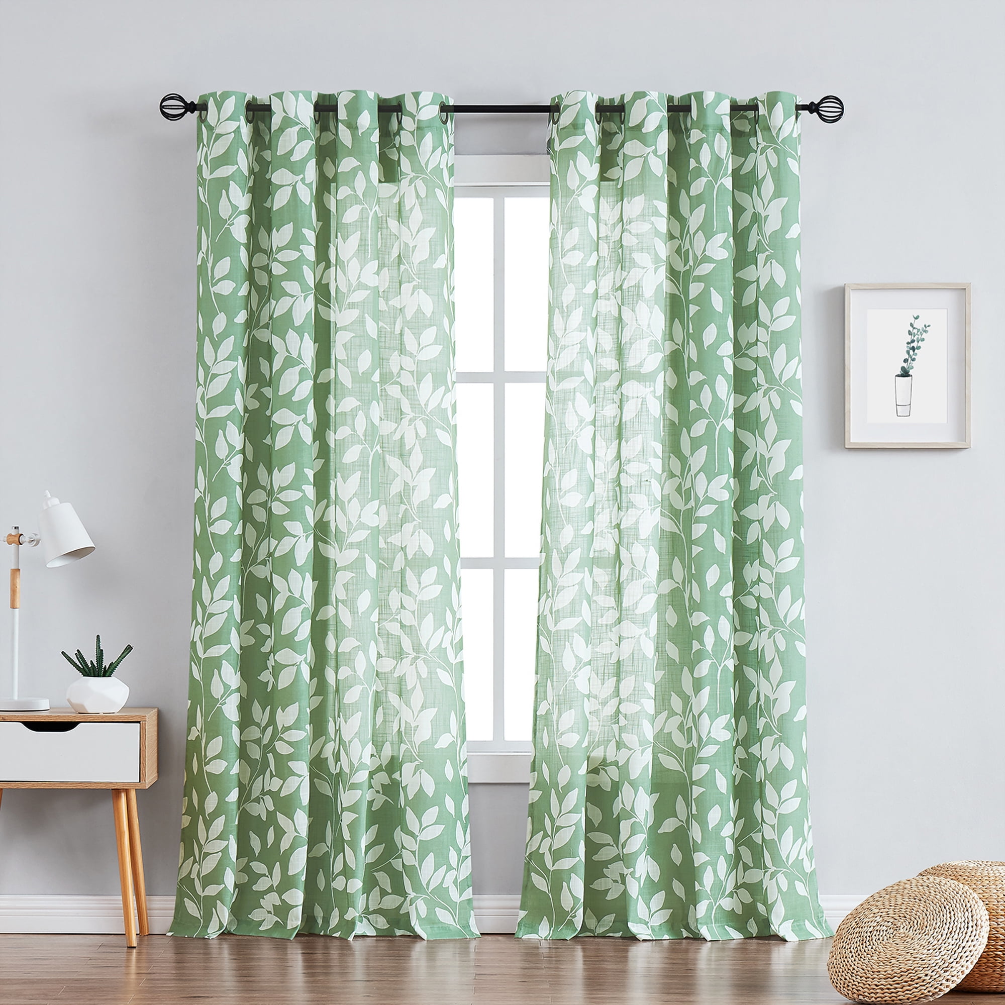 Exultantex Leaf Print Sheer Curtain with Grommets - W55"×L95", Green, Sheer Fabric，Set of 2