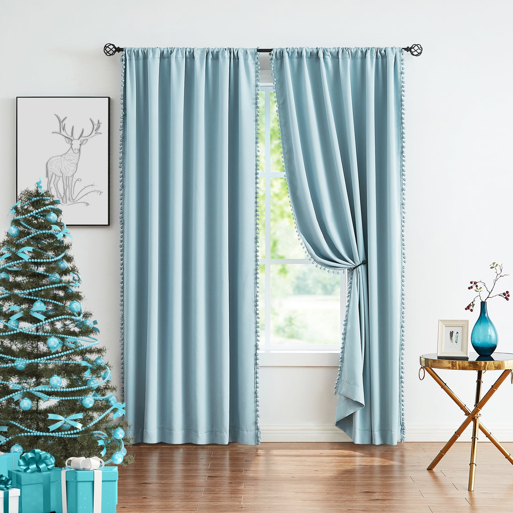 Exultantex Light Blue Blackout Curtains Thermal Insulated Pompom