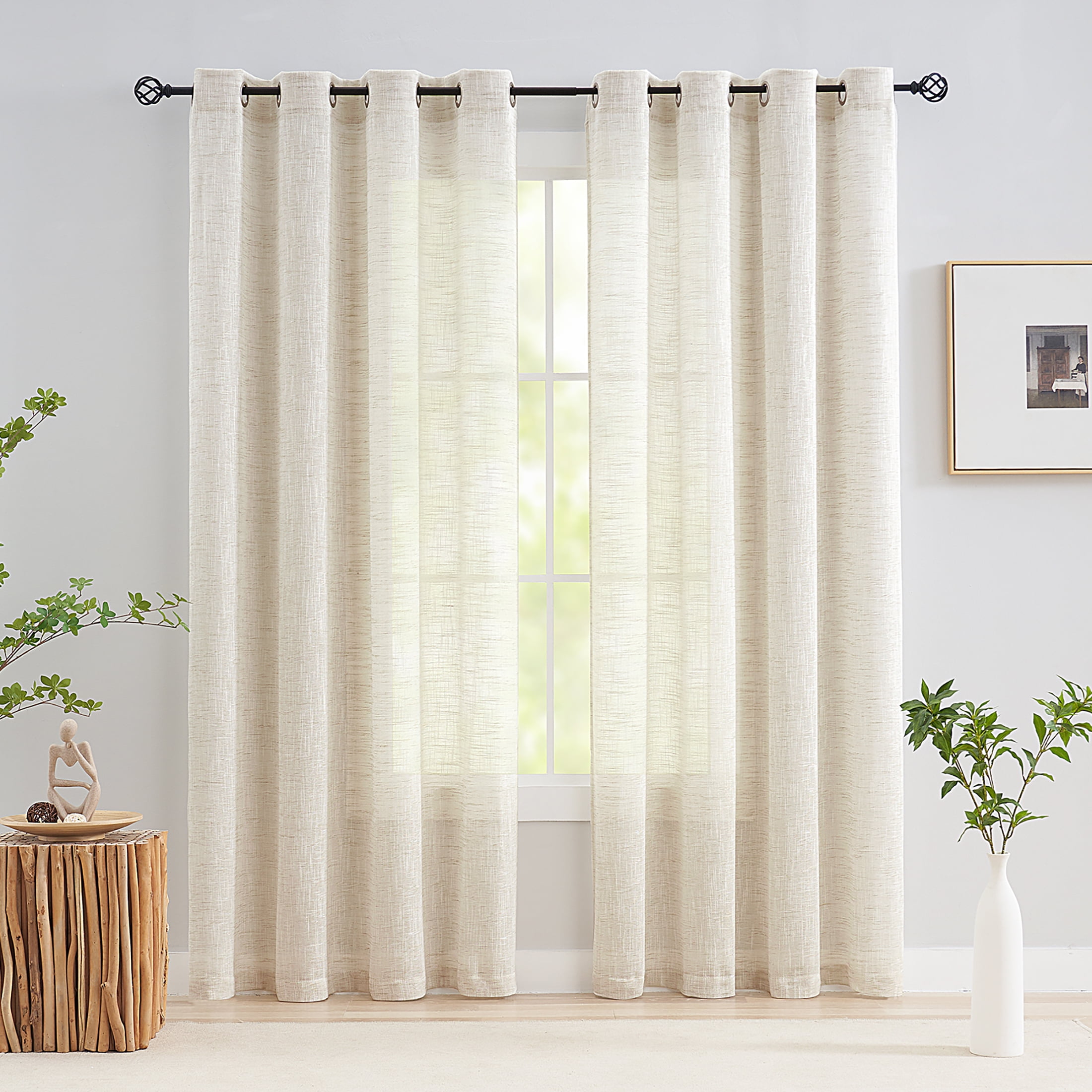 Tan Beige Linen Sheer Curtains for Living Room 2 Panels – Anady Top