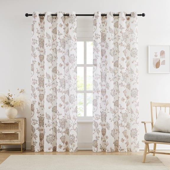 Exultantex Linen Look Semi-Sheer Floral Grommet Curtain 52x63 Inch, Terracotta Red