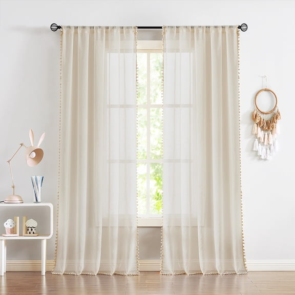 Exultantex Linen Pompom Sheer Curtains Drapes for Bedroom 72 Inch Long Textured Slub, Beige,2 Panels