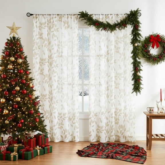 Exultantex Linen Texture Leaf Botanical Rod Pocket Sheer Curtain,50"W x 84"L,2 Panels,Grey