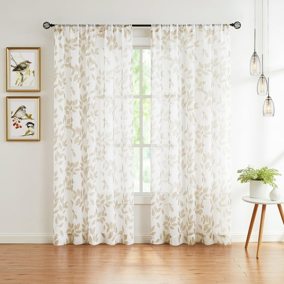 Exultantex Linen Texture Leaf Pattern Sheer Curtain Panels - 2Pcs 50"W x 63"L, Taupe, Rod Pocket