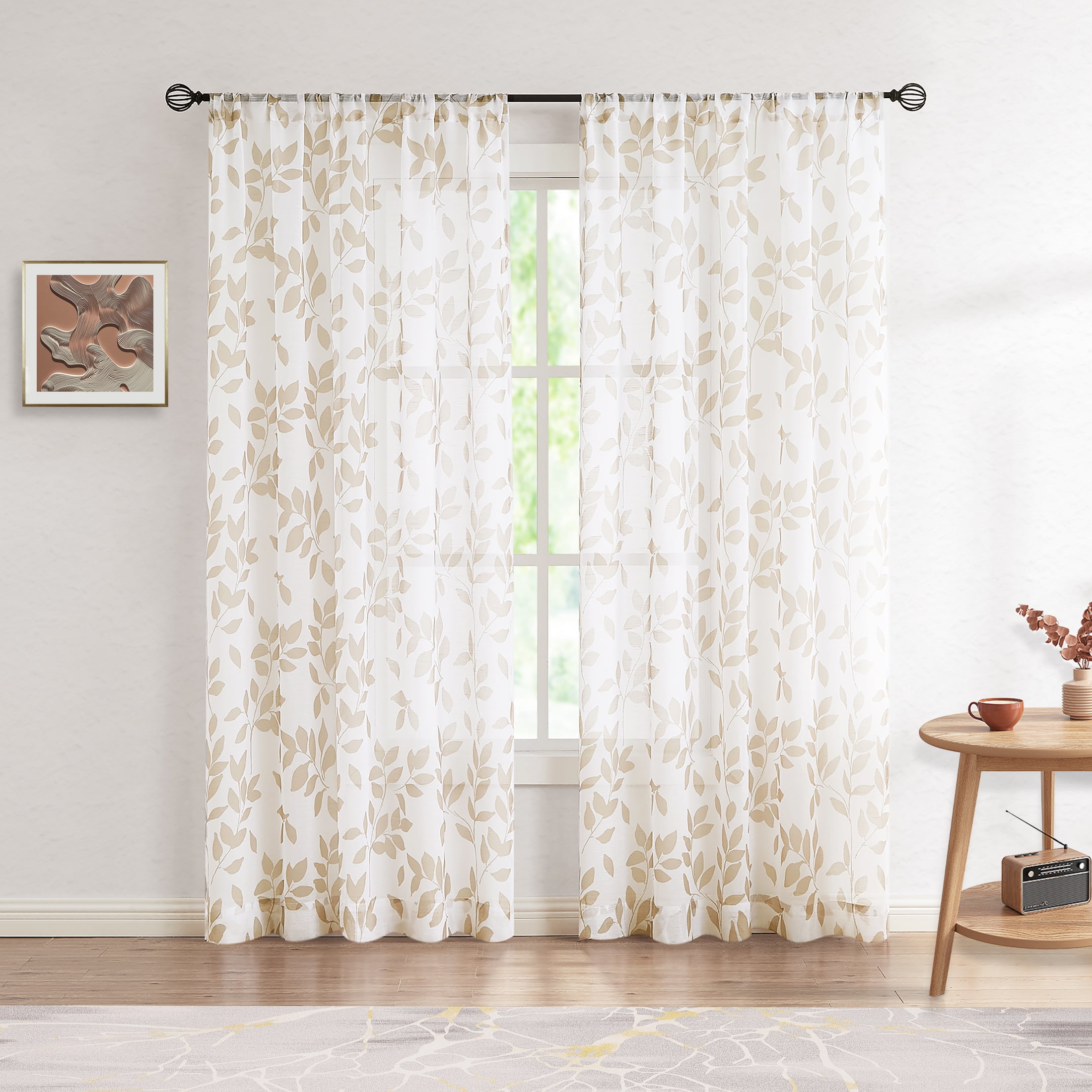 Exultantex Taupe Sheer Panels, Botanical Leaf Pattern, Light