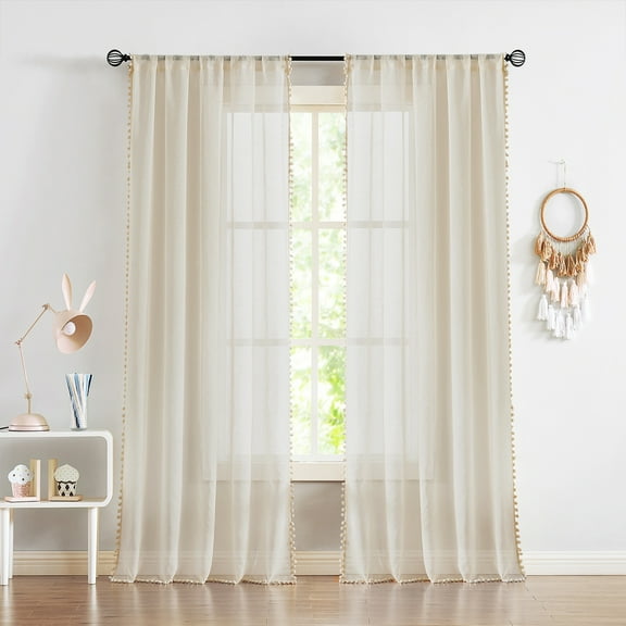 Exultantex Natural Pom Pom Sheer Curtains 52"W x 63"L Linen Window Drapes for Living Room,2 Pack,Rod Pocket
