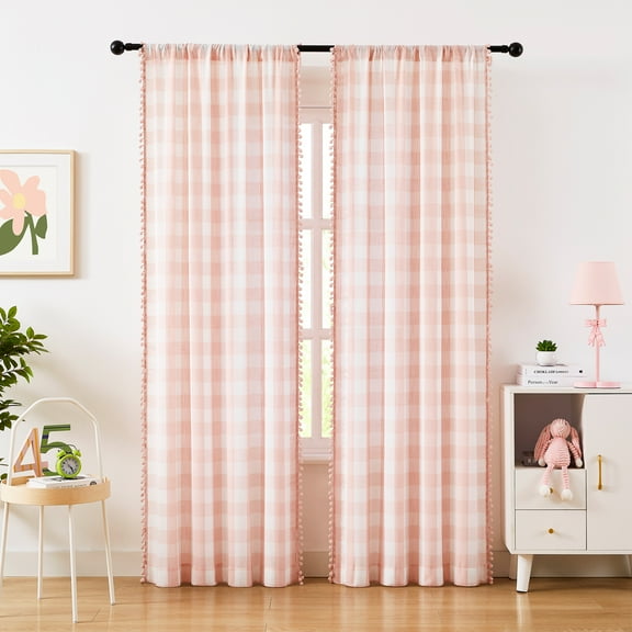 Exultantex Pink & White Checkered Semi-Sheer Curtains for Living Room, 2 Panels, 40"x84", Rod Pocket, Elegant Pom-Pom Trim, Light Filtering