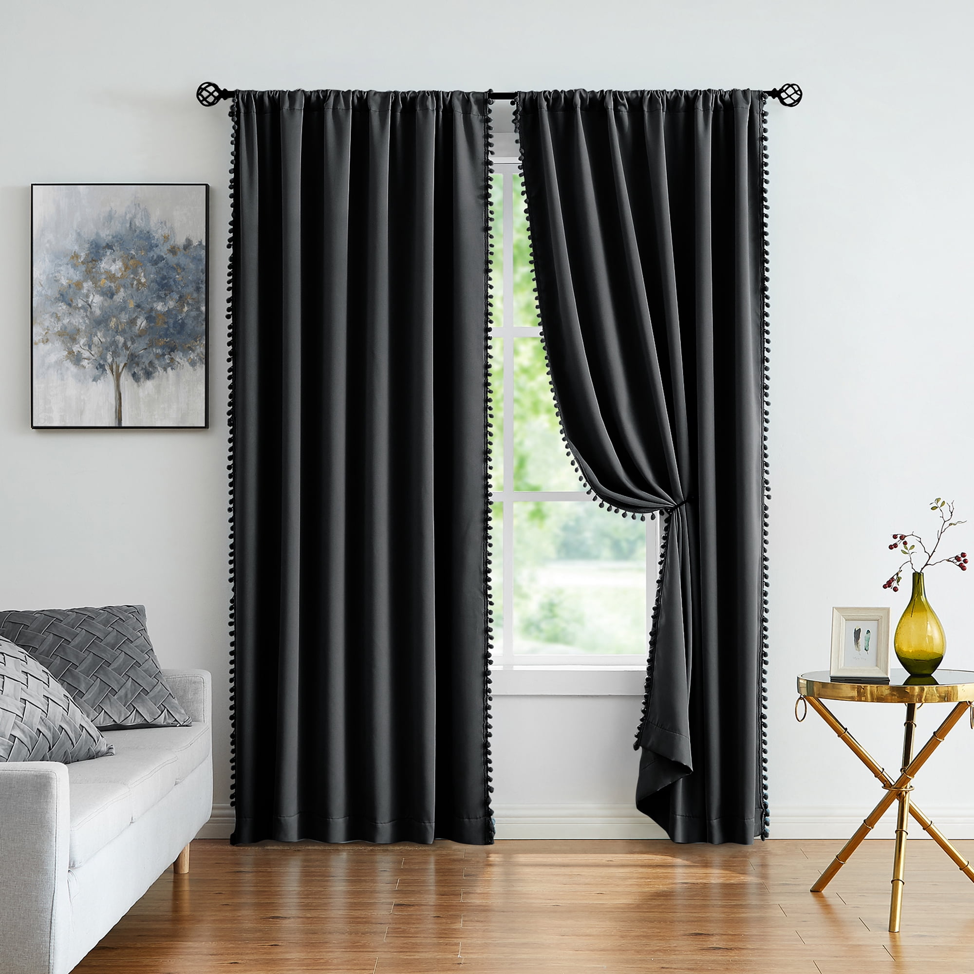 Exultantex Pompom Black Curtains Thermal Insulated Blackout Window Curtain Panels for Room Décor, 50"W x 54"L,Rod Pocket,2 Panels