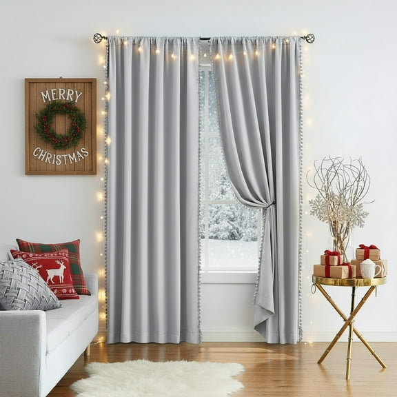 Exultantex Christmas Pompom Gray Blackout Curtains 84 Inches Long Energy Efficient Room Darkening Drapes for Living Room Bedroom,2 Panels, Rod Pocket
