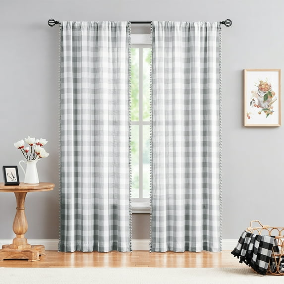 Exultantex Pompom Window Curtains Semi Sheer Gingham Plaid Panels for Kitchen, 40"W x 63"L, 2pcs, Rod Pocket,Grey-White