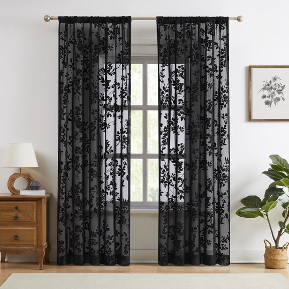 Exultantex Rod Pocket Sheer Curtains, Embroidered Leaf Design, 54x63 Inch, Black