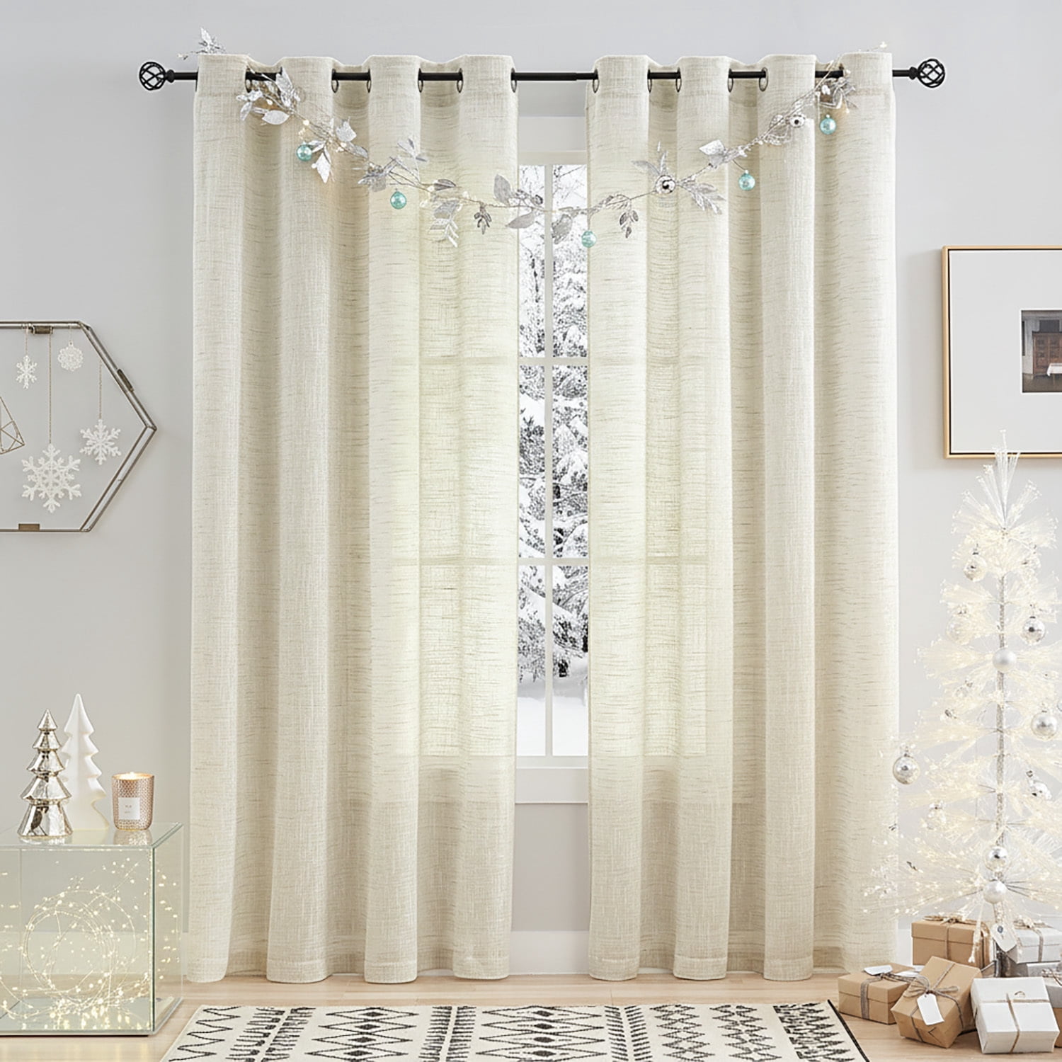 Exultantex Rustic Beige Burlap Sheer Curtain - 52"W x 90"L -Natural Home Decor Accent, 2pcs,Grommet Top