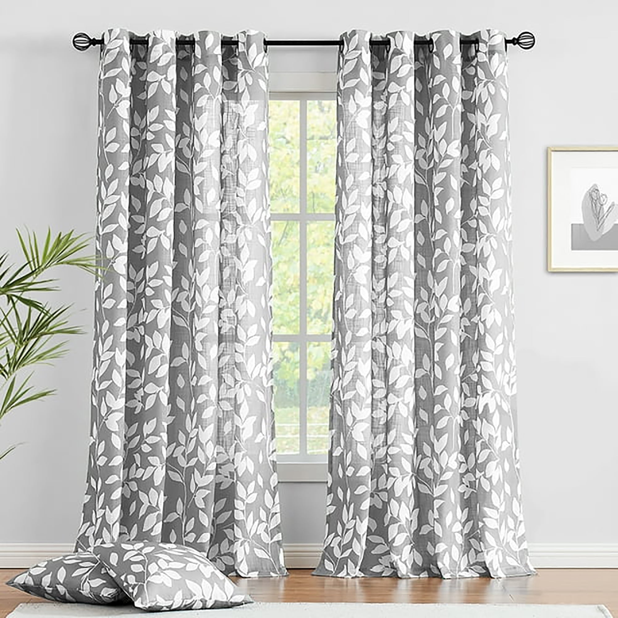 Exultantex Semi Sheer Panels Leaf Curtains for Window,95" Length Linen Textured Living Room Bedroom Drapes, Grommet Top, 1 Pair,Grey
