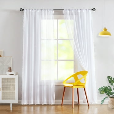 Exultantex Sheer Textured Curtains Elegant White 84" Long Linen Pompom Draperies for Living Room,2 Panels,Rod Pocket