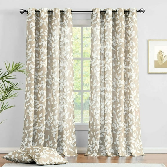 Exultantex Taupe Semi Sheer Curtains White Leaf Pattern Panels, 55"W x 63"L, 2 Panels,Grommet Top