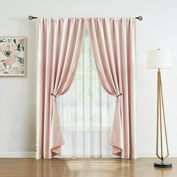 Exultantex Thermal Insulated Blackout Curtains for Bedroom Pink Pom Pom Window Drapes Energy Efficient Panels, 50"W x 63"L,2pcs