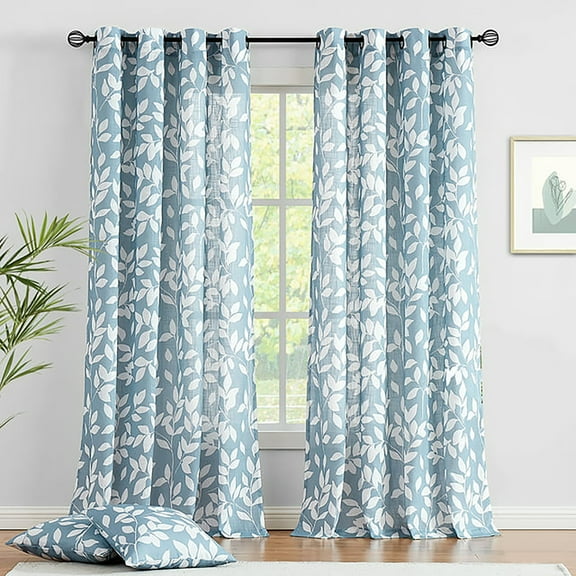 Exultantex White-Blue Semi Sheer Curtains 84 Length, Leaf Printed, Grommet Top, 2 Panels