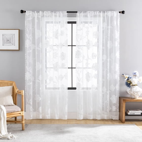 Exultantex White Floral Sheer Curtains Vintage Rose and Leaf Lace Window Curtain Panel with Decorative Scalloped Edge for Bedroom,54"Wx84"L,2pcs Rod Pocket