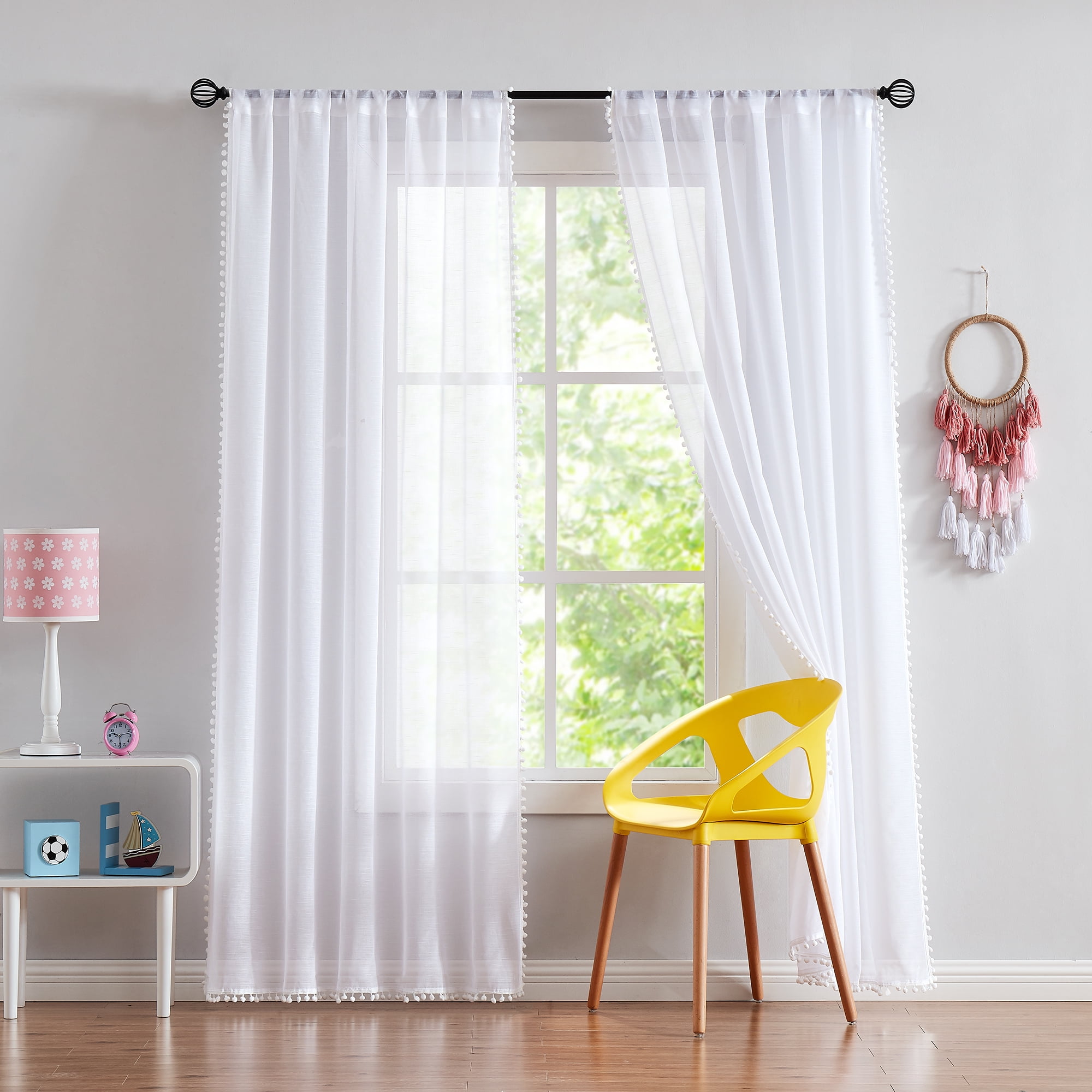 Exultantex White Pom Pom Linen Curtains 95 Inch Long Sheer Panels Elegant Decorative Voile for Living Room,Rod Pocket