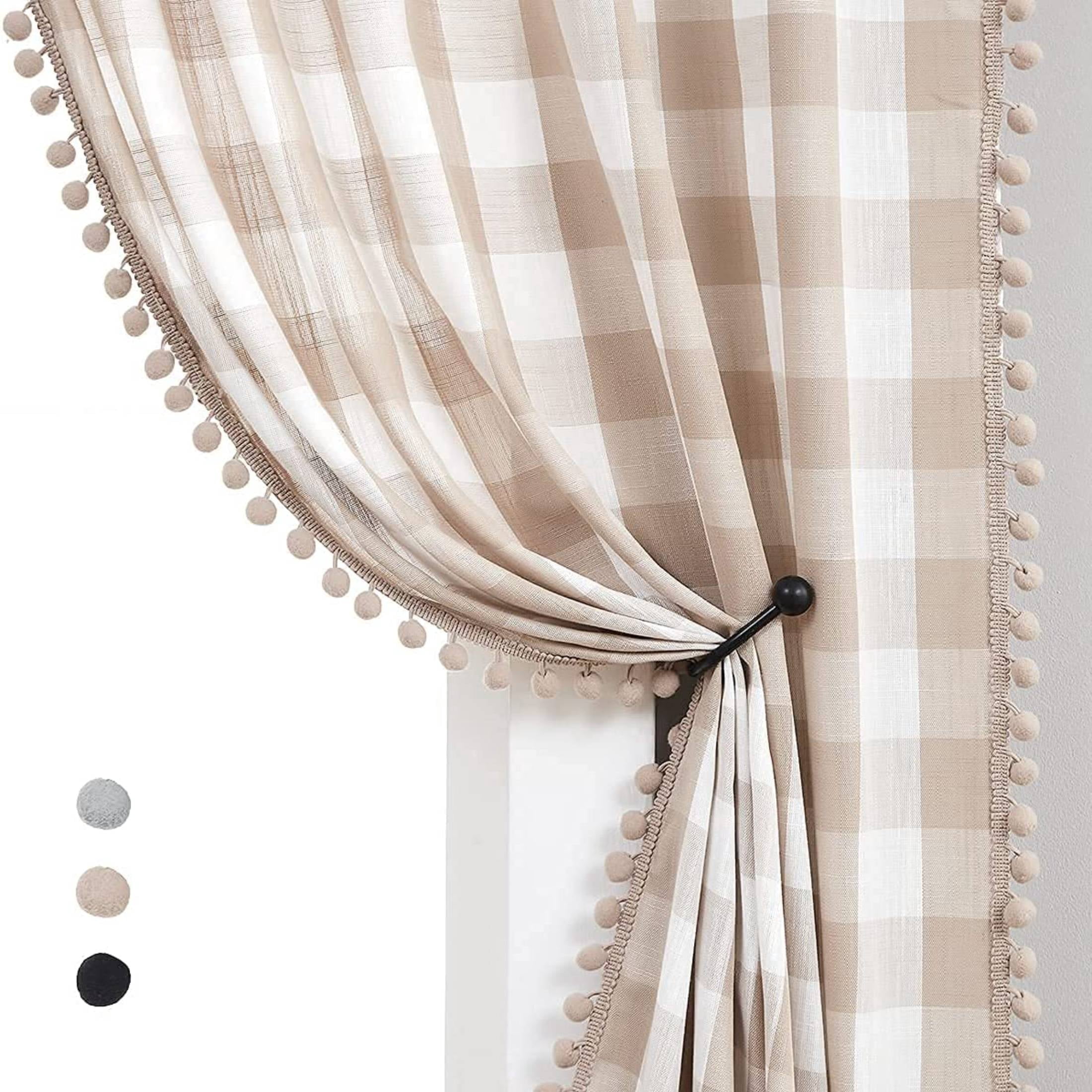Exultantex White Taupe Buffalo Check Curtains Semi-Sheer Pompom Plaid Gingham Kitchen Drapes, 40"W x 63"L, 2pcs, Rod Pocket