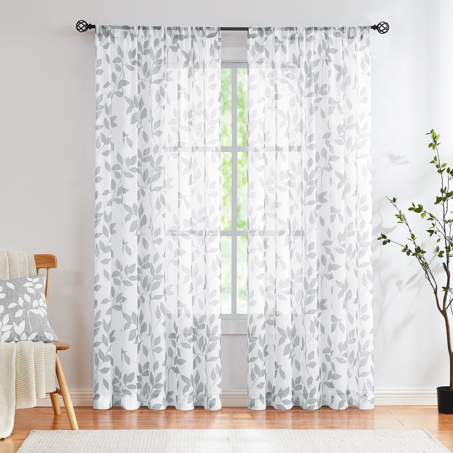 Exultantex White and Grey Sheer Curtains Leaf 84 inch Long 2 Panels Rural Garden Linen Textured, Rod Pocket