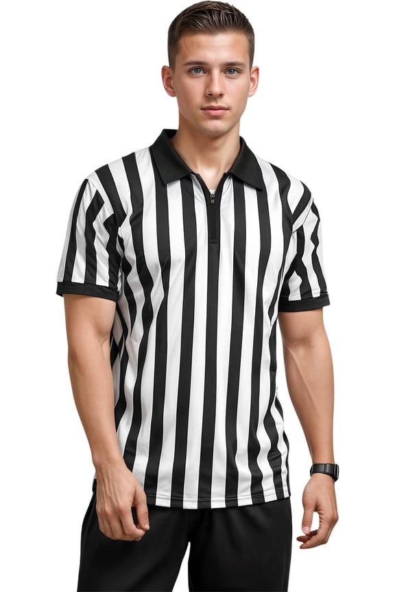Exxact Official Black and White Striped Referee Shirt/Jersey with Quarter Zipper Multi Sports (AS, Quarter Zipper)