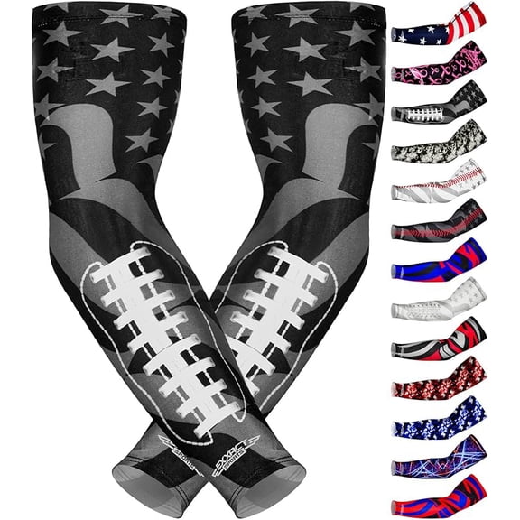Exxact Sports 1 Pair Compression Arm Sleeves for Men Women, Breathable Baseball Arm Sleeve Football Sleeves Youth Adult - (Black Football Flag, AS)