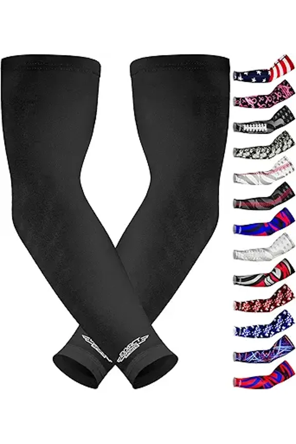 Compression Arm Sleeves for Men & Women, 1 Pair Performance Sleeves for Baseball, Football, Youth & Adult Sizes - (Black Solid, AM)